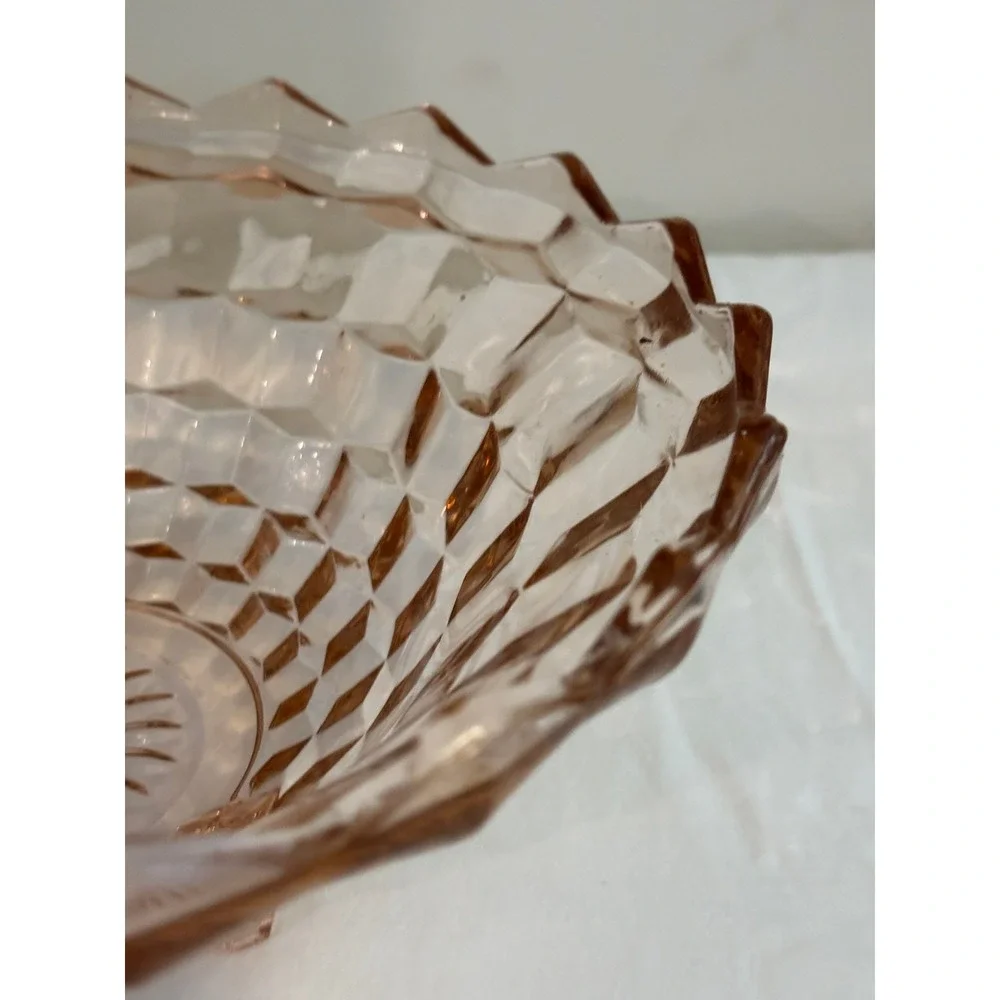 Vintage Pink Depression Glass Diamond Point Footed Bowl Sawtooth Rim